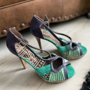 Jessica Simpson Brouge 1” Platform Heels, Teal, Purple & Snakeskin, Size 7 1/2